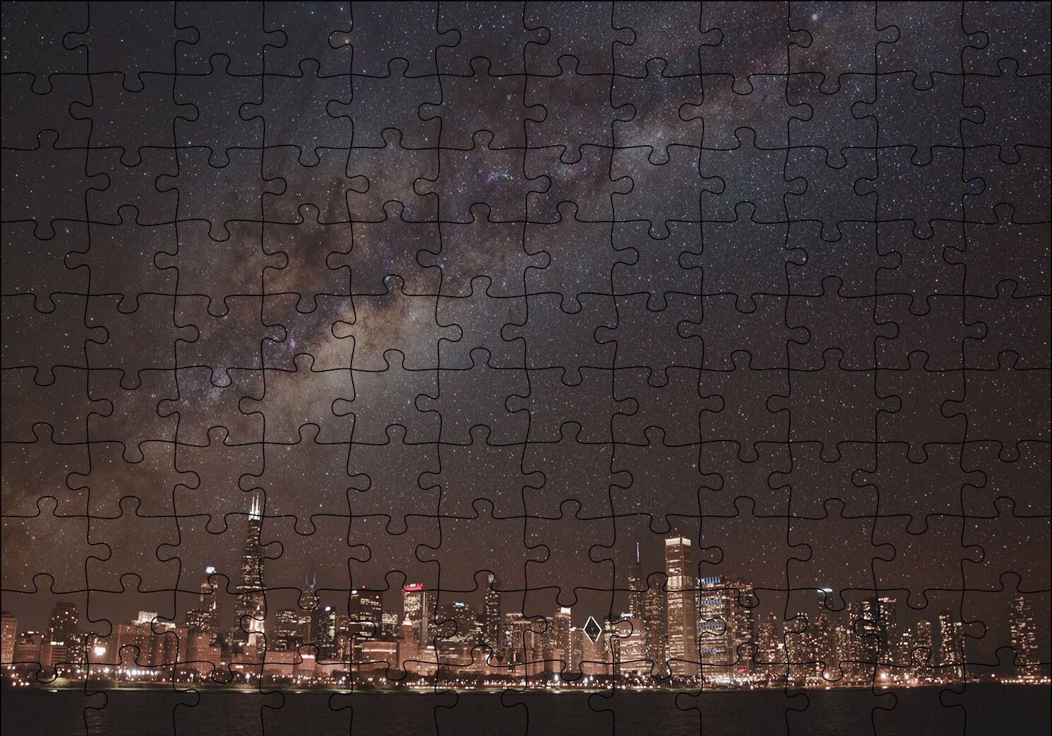 Şehrin Gece Manzarası ve Gökyüzünde Samanyolu Puzzle Yapboz MDF Ahşap