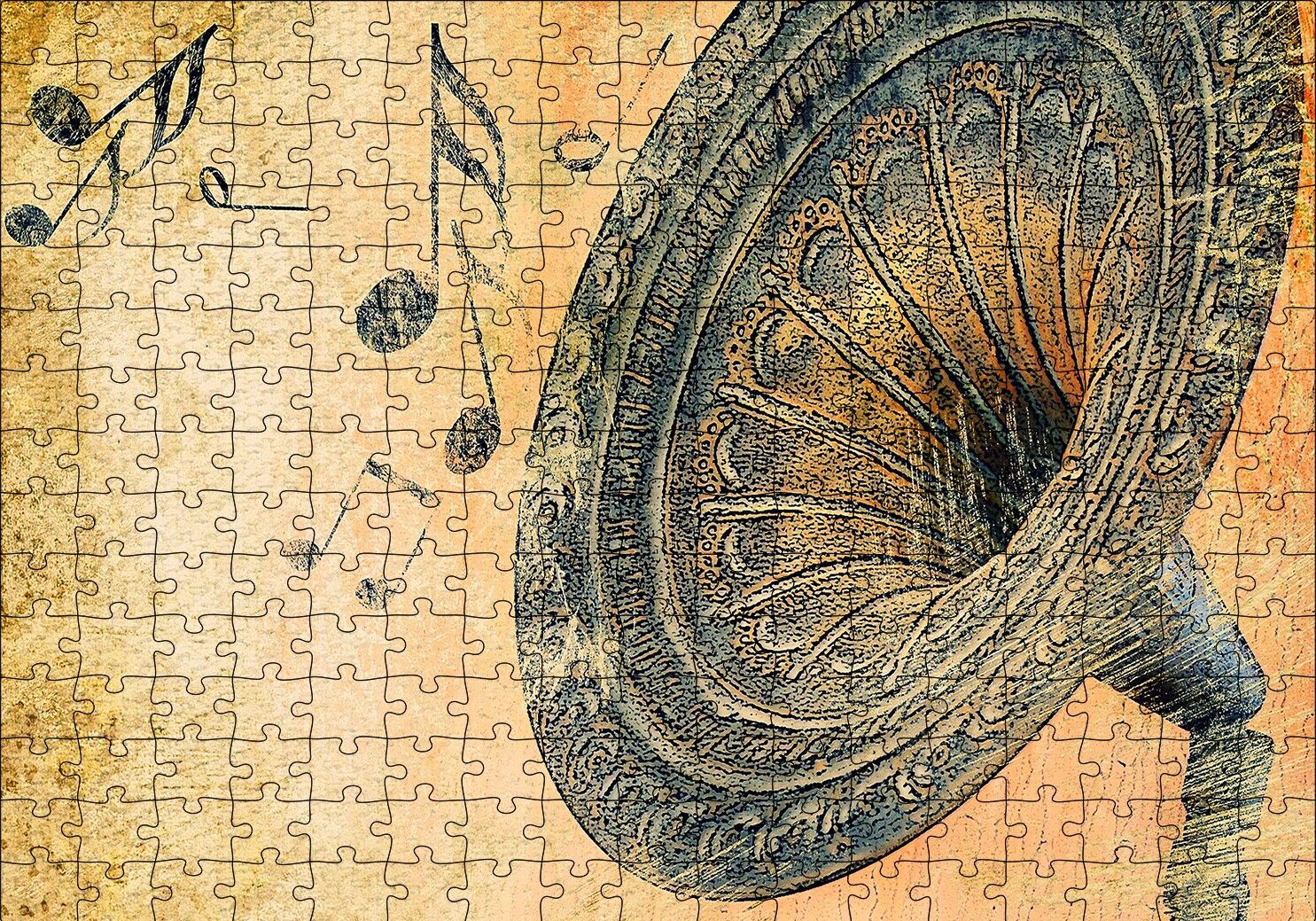 Gramofon ve Notalar Sarı Eskitme Arka Plan Puzzle Yapboz MDF Ahşap 255 Parça 34 cm X 49 cm