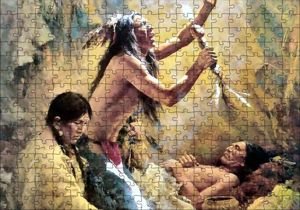 Kızılderilerde Cenaze Töreni Görseli Puzzle Yapboz MDF Ahşap 255 Parça 34 cm X 49 cm