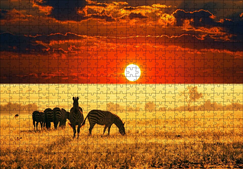 Günbatımı Savana'da Zebralar Puzzle Yapboz MDF Ahşap 500 Parça 49 cm X 68 cm