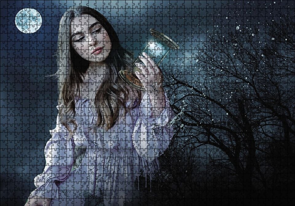Fantazi Genç Güzel Kadın Karanlık Puzzle Yapboz MDF Ahşap 1000 Parça 49 cm X 68 cm