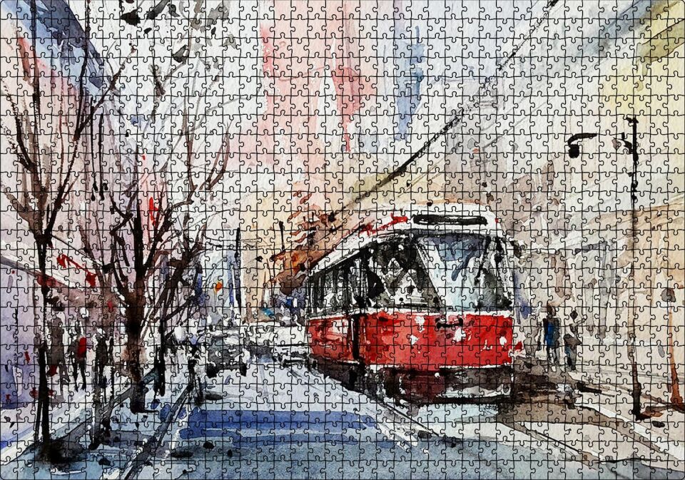 Toronto Sokaklarında Tramvay Araçlar ve Yayalar Puzzle Yapboz MDF Ahşap 1000 Parça 49 cm X 68 cm