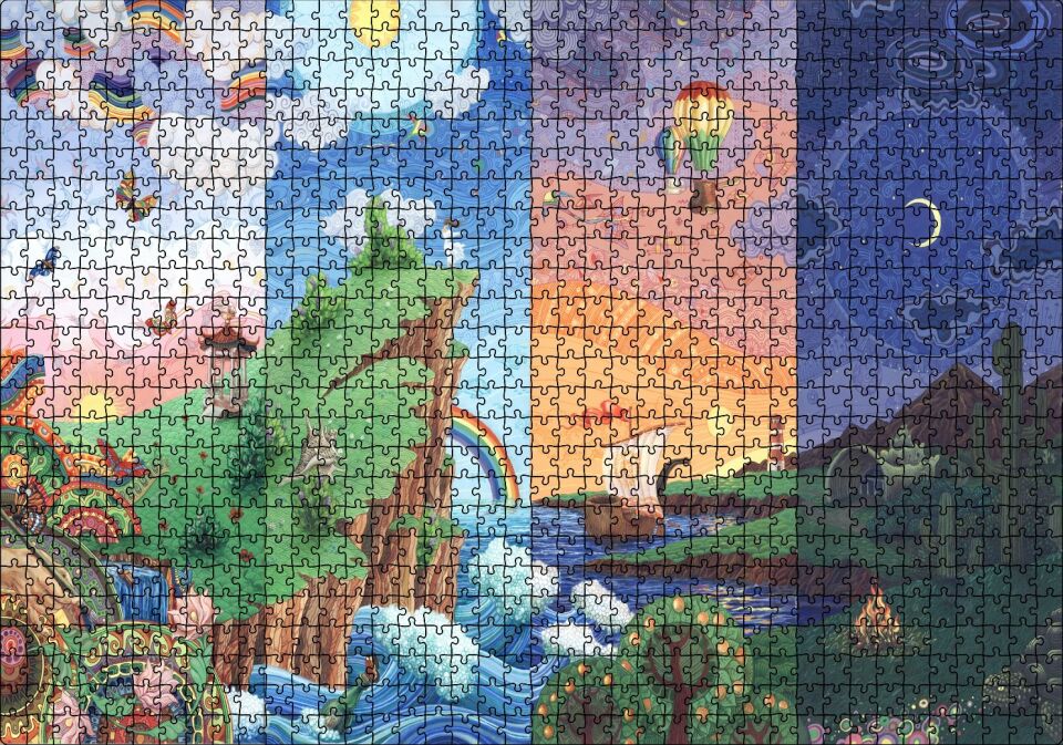 Renkli Ada Soyut Resim Sanat Eseri Gökkuşakları Ay Puzzle Yapboz MDF Ahşap 1000 Parça 49 cm X 68 cm