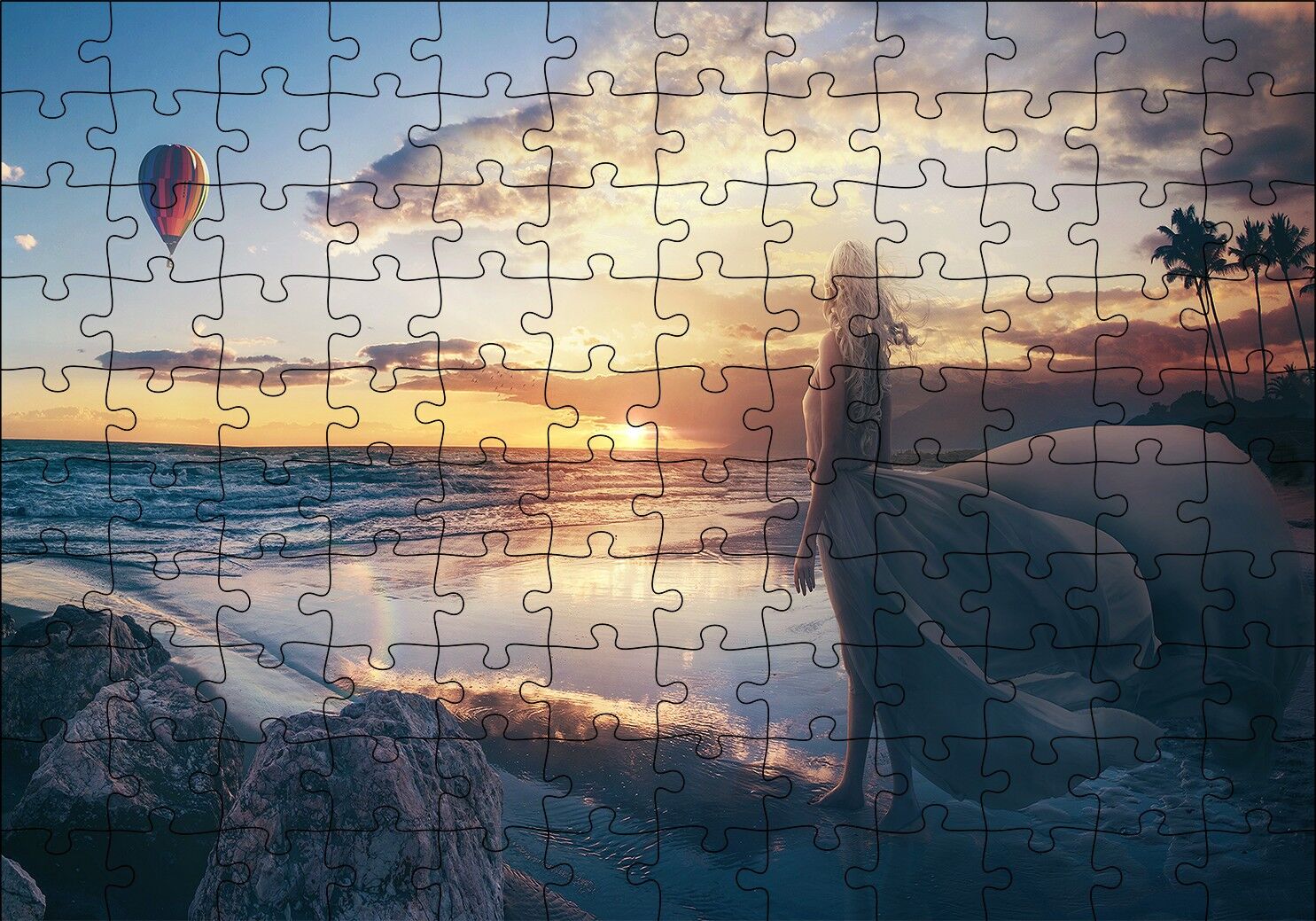 Günbatımı Sıcak Hava Balonu Sahil ve Kadın Puzzle Yapboz MDF Ahşap 120 Parça 24 cm X 34 cm