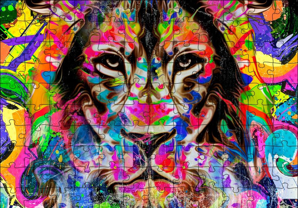 Modern Sanat Rekli Boyama Aslan Figür Puzzle Yapboz MDF Ahşap 120 Parça 24 cm X 34 cm