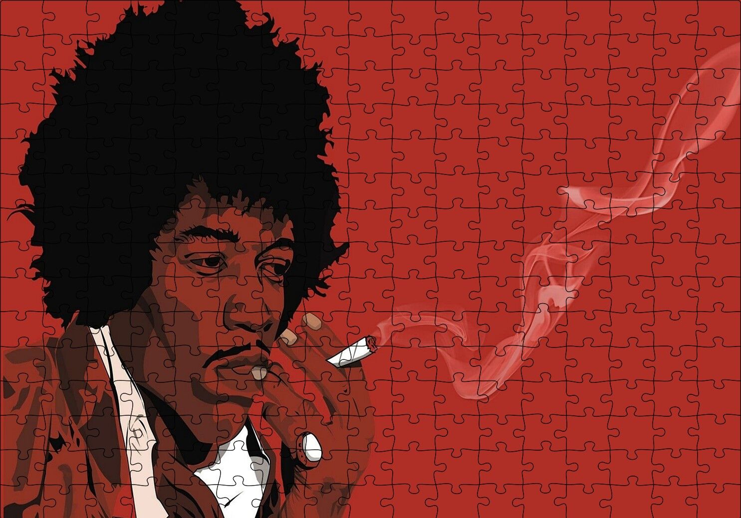 Jimi Hendrix Sigara İçiyor Kırmızı Zemin Çizim Puzzle Yapboz MDF Ahşap 255 Parça 34 cm X 49 cm