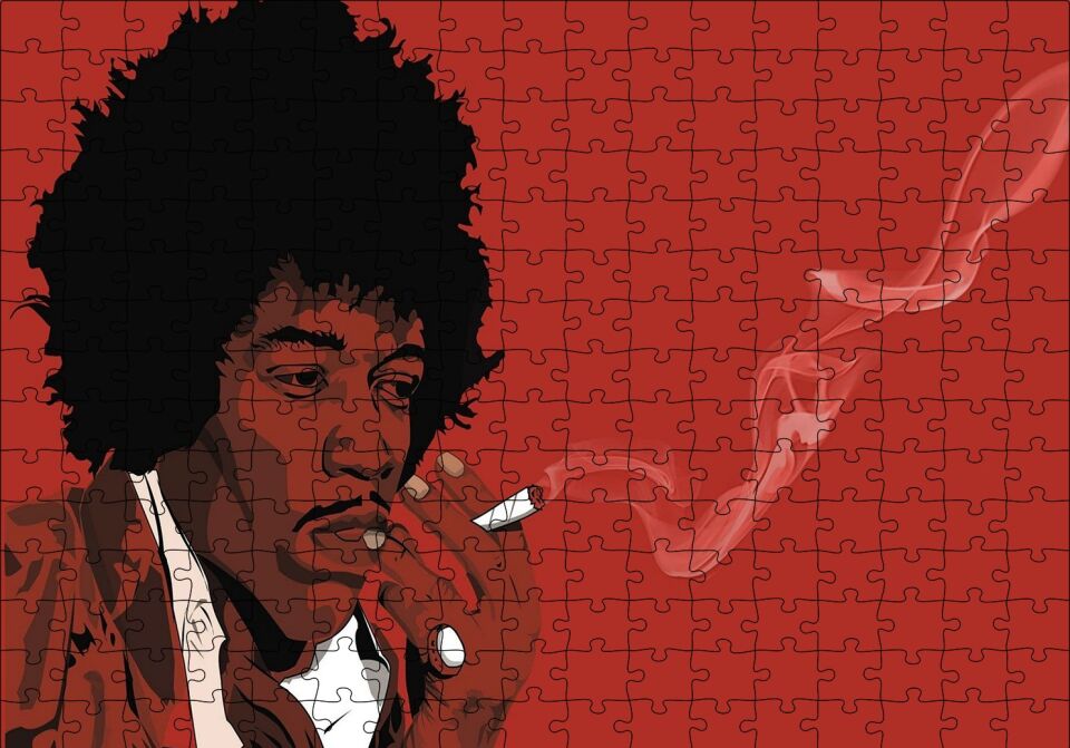 Jimi Hendrix Sigara İçiyor Kırmızı Zemin Çizim Puzzle Yapboz MDF Ahşap 255 Parça 34 cm X 49 cm