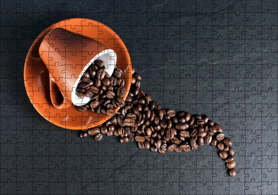 Turuncu Fincan ve Kahve Çekirdekleri Puzzle Yapboz MDF Ahşap 255 Parça 34 cm X 49 cm
