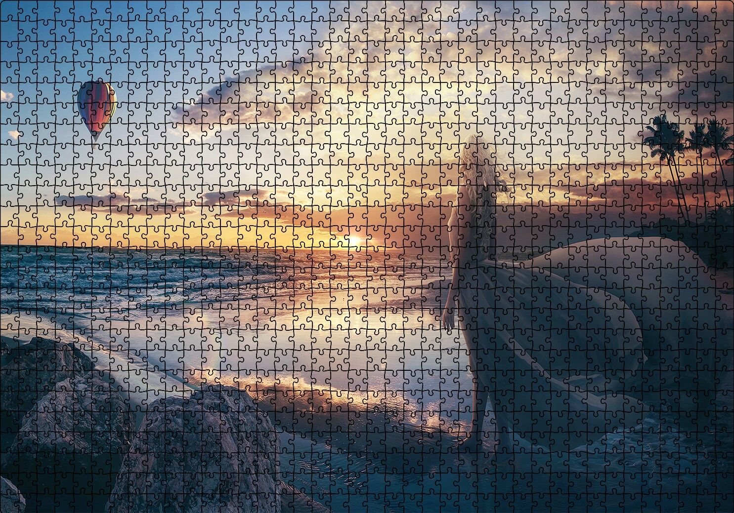 Günbatımı Sıcak Hava Balonu Sahil ve Kadın Puzzle Yapboz MDF Ahşap 1000 Parça 49 cm X 68 cm