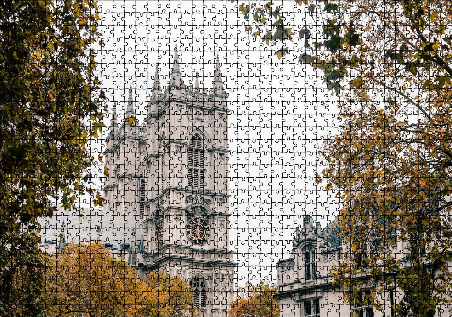 Londra'da Tarihi Binalar ve Sonbahar Renkleri Puzzle Yapboz MDF Ahşap 1000 Parça 49 cm X 68 cm