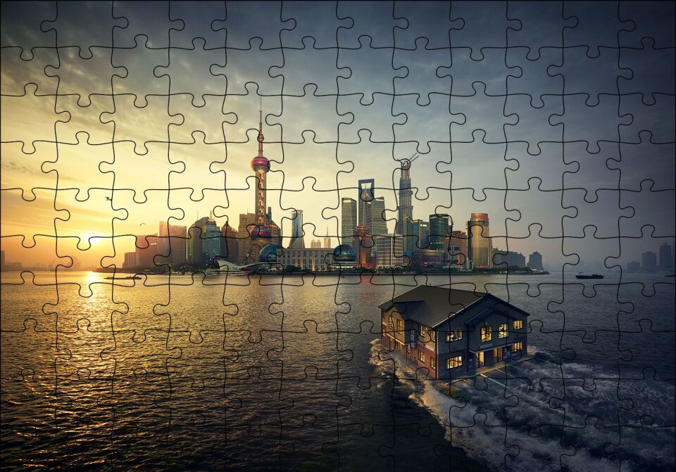 Günbatımı Yüzen Ev ve Gökdelenler Puzzle Yapboz MDF Ahşap 120 Parça 24 cm X 34 cm