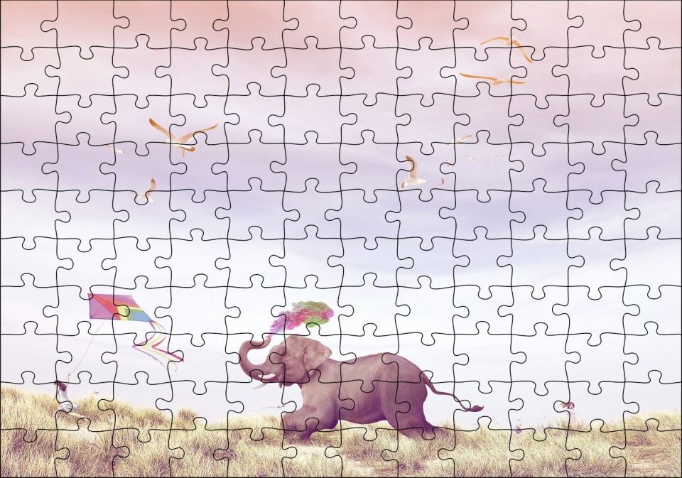 Uçurtma Uçuran Kız ve Renk Püsküren Fil Puzzle Yapboz MDF Ahşap 120 Parça 24 cm X 34 cm