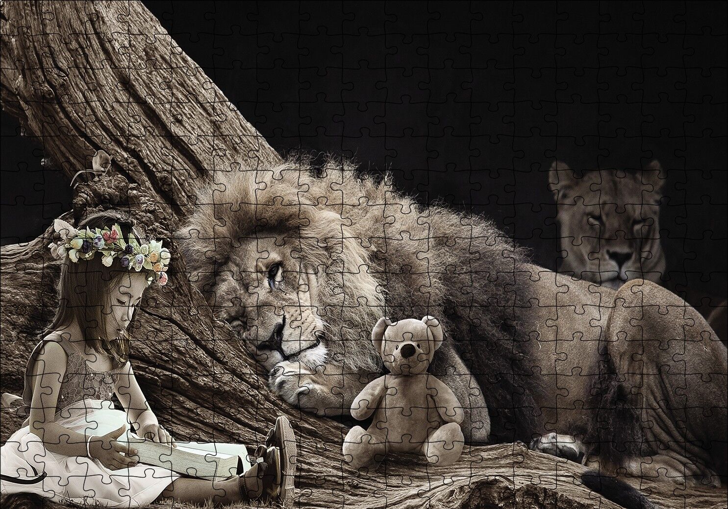 Fantazi Küçük Kız Aslan Aile Puzzle Yapboz MDF Ahşap 255 Parça 34 cm X 49 cm