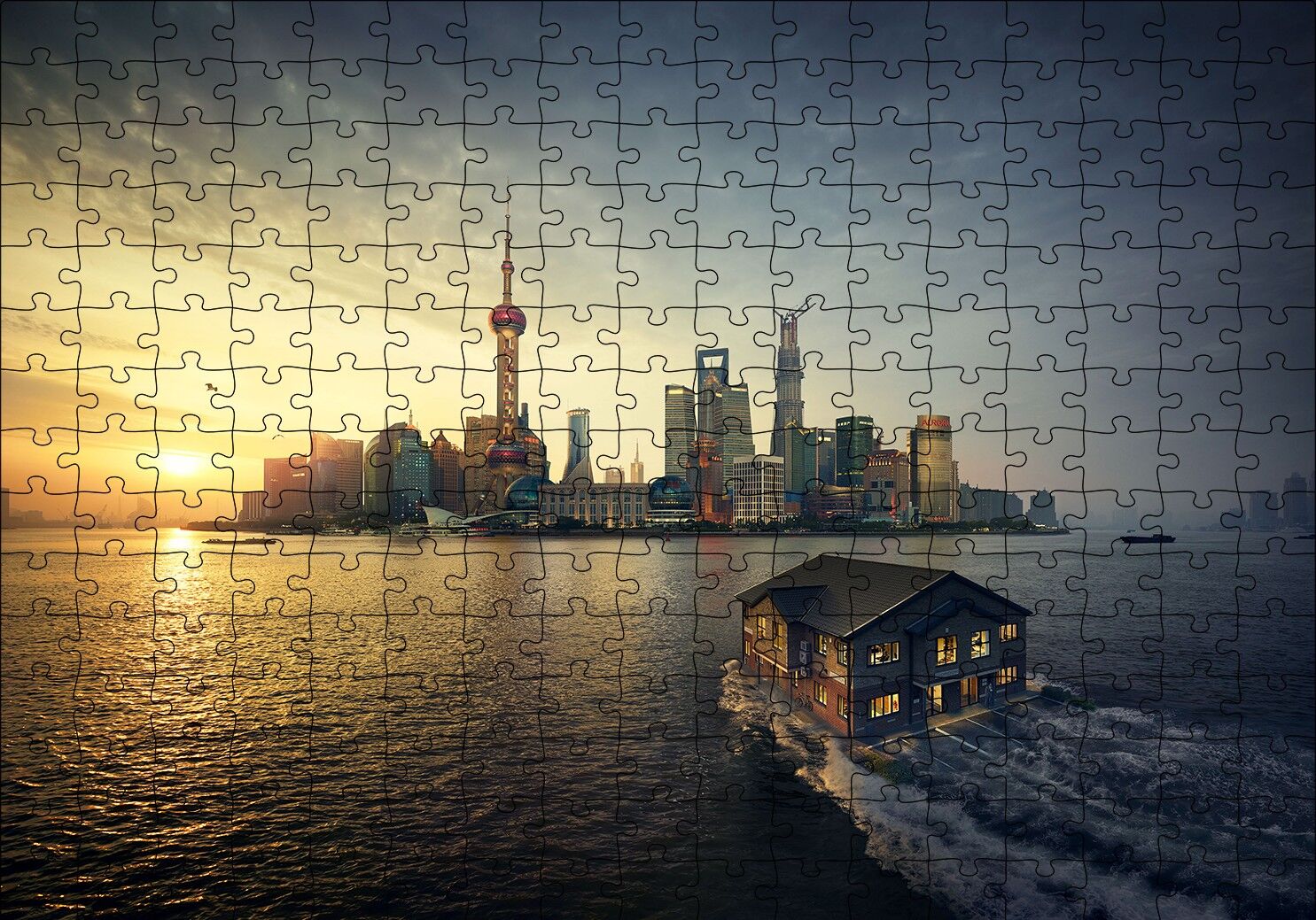 Günbatımı Yüzen Ev ve Gökdelenler Puzzle Yapboz MDF Ahşap 255 Parça 34 cm X 49 cm