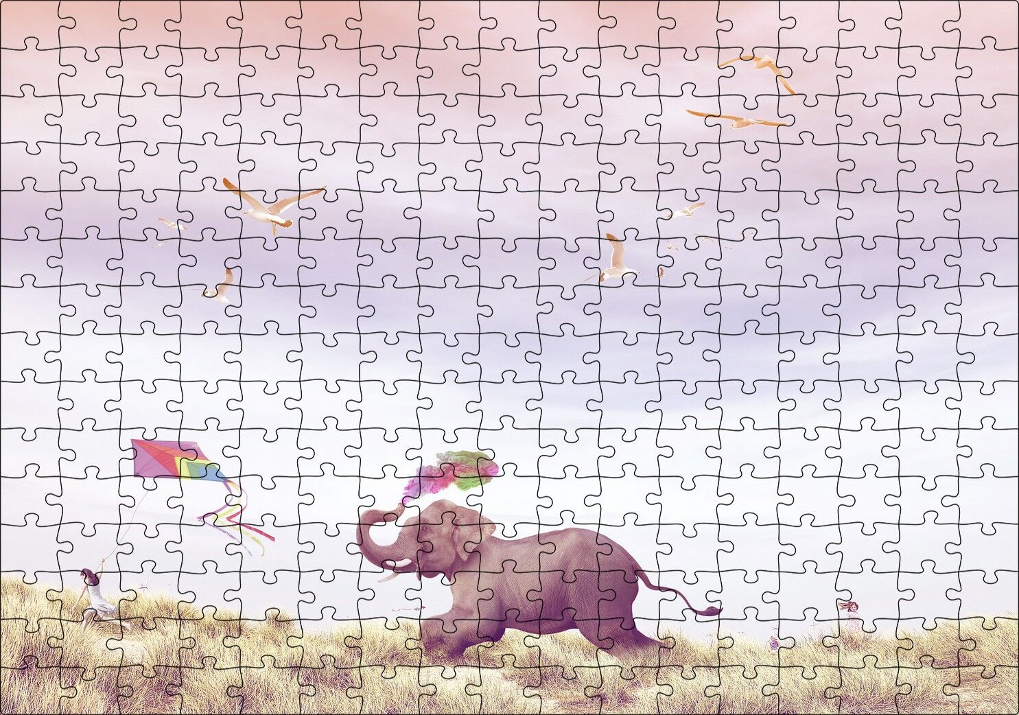 Uçurtma Uçuran Kız ve Renk Püsküren Fil Puzzle Yapboz MDF Ahşap 255 Parça 34 cm X 49 cm