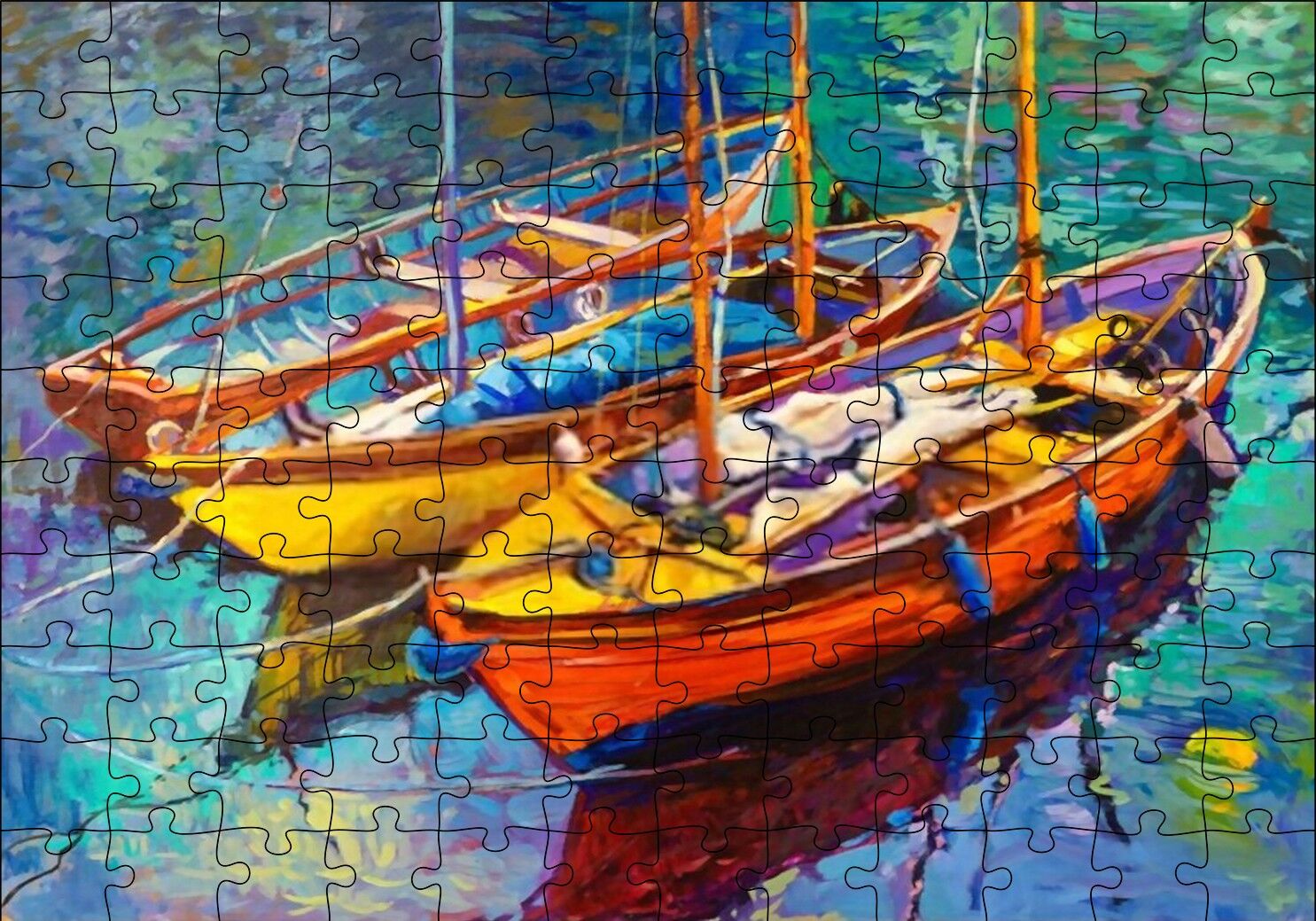 Boyama Sanatı Demirleyen Tekneler Görseli Puzzle Yapboz MDF Ahşap