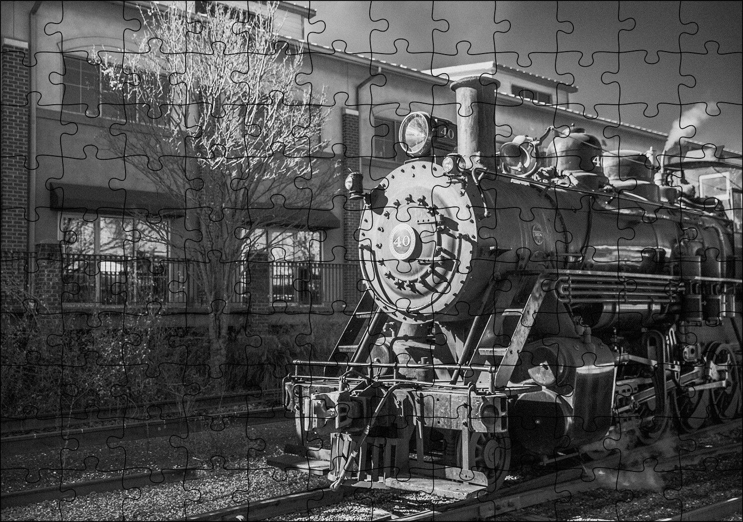İstasyon ve Buharlı Tren Siyah Beyaz Puzzle Yapboz MDF Ahşap