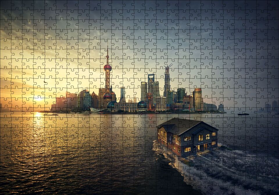 Günbatımı Yüzen Ev ve Gökdelenler Puzzle Yapboz MDF Ahşap 500 Parça 49 cm X 68 cm