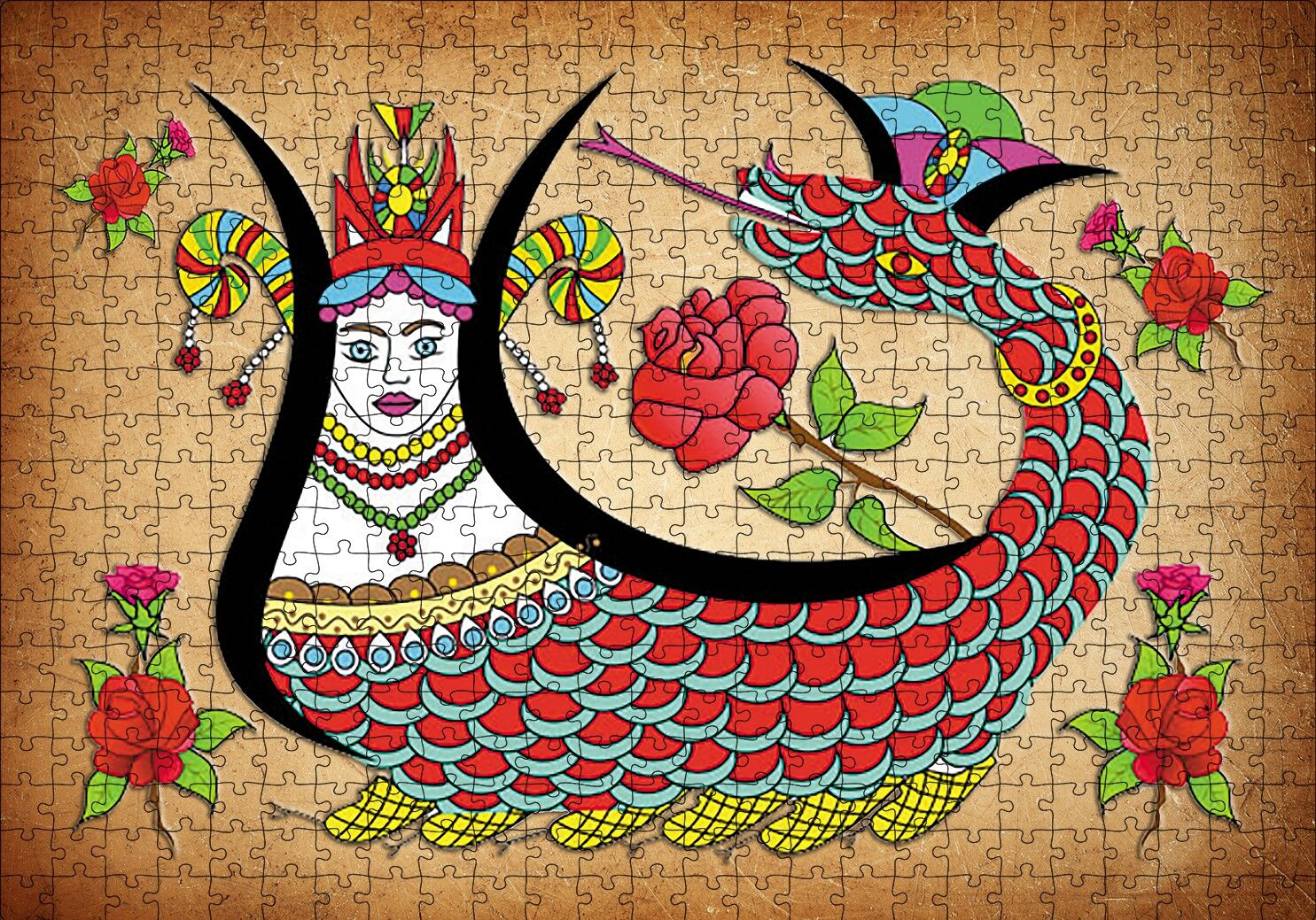 Kırem Zeminde Şahmaran Puzzle Yapboz MDF Ahşap 500 Parça 49 cm X 68 cm