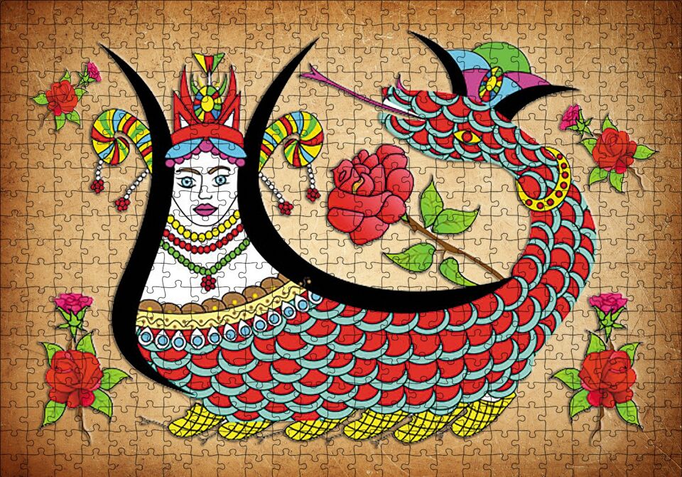 Kırem Zeminde Şahmaran Puzzle Yapboz MDF Ahşap 500 Parça 49 cm X 68 cm