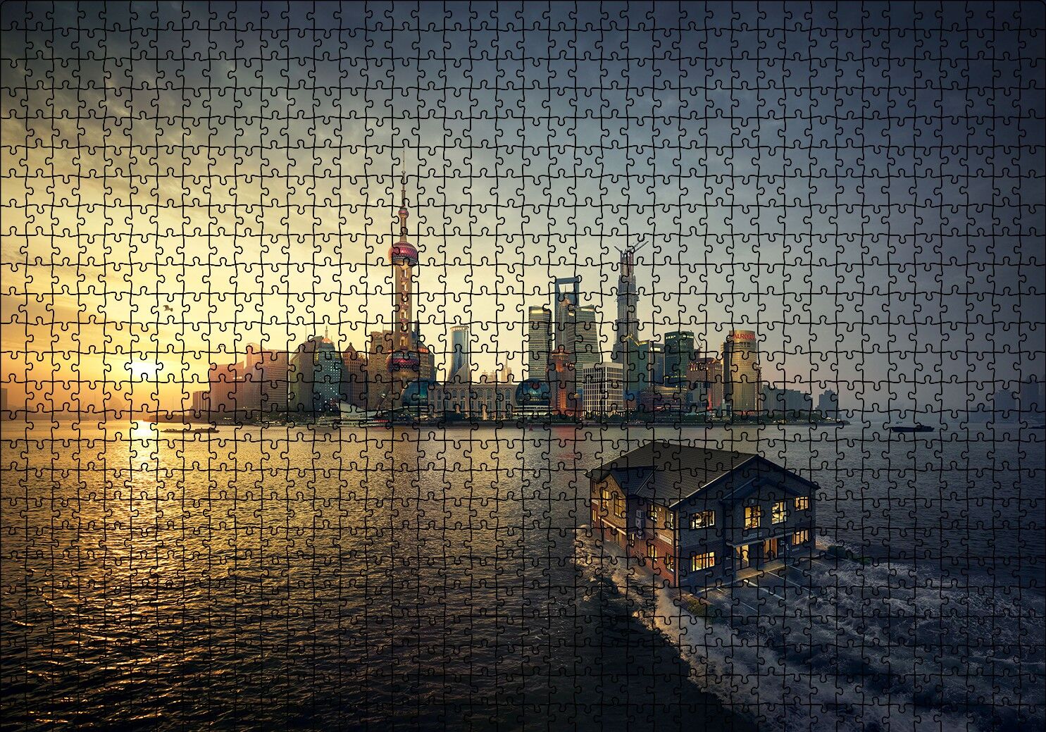 Günbatımı Yüzen Ev ve Gökdelenler Puzzle Yapboz MDF Ahşap 1000 Parça 49 cm X 68 cm