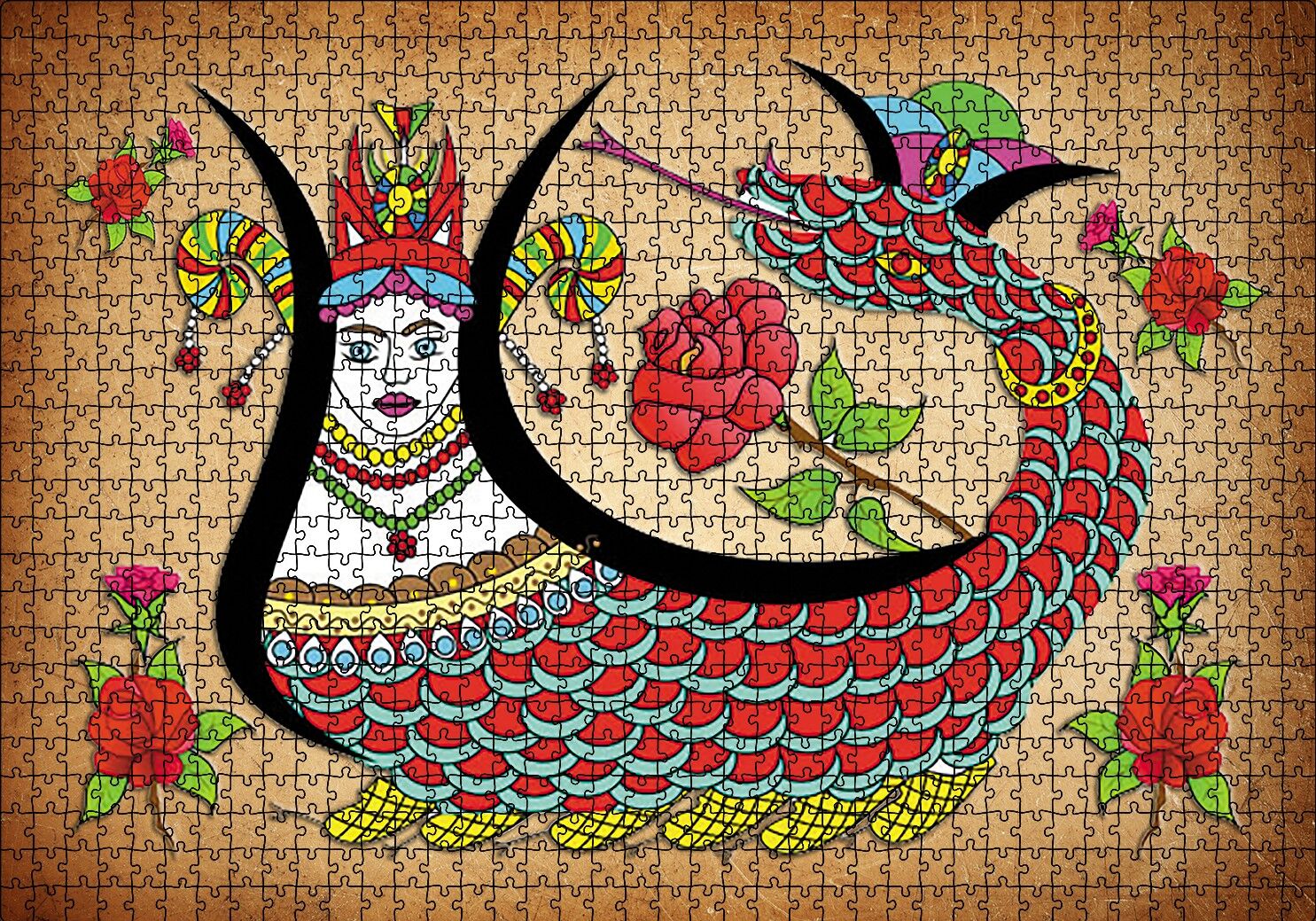 Kırem Zeminde Şahmaran Puzzle Yapboz MDF Ahşap 1000 Parça 49 cm X 68 cm