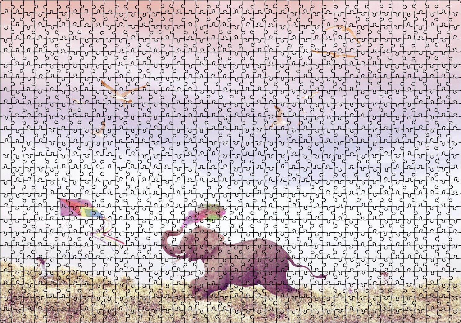 Uçurtma Uçuran Kız ve Renk Püsküren Fil Puzzle Yapboz MDF Ahşap 1000 Parça 49 cm X 68 cm