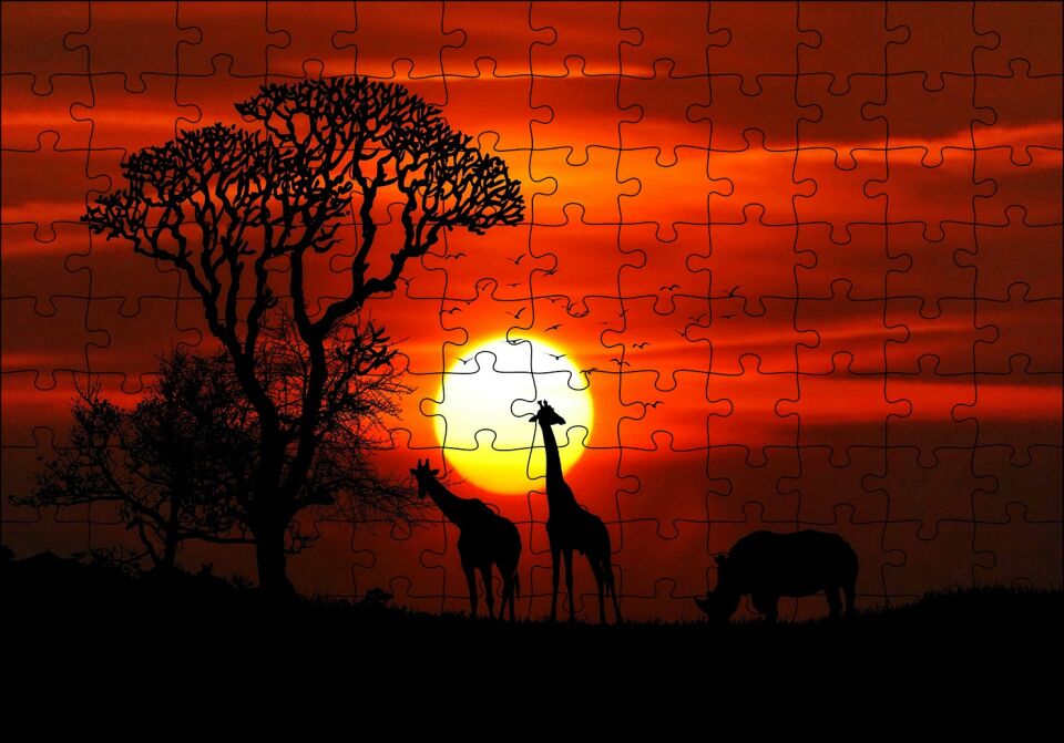 Günbatımı Zürafalar ve Gergedan Silüetleri Puzzle Yapboz MDF Ahşap 120 Parça 24 cm X 34 cm