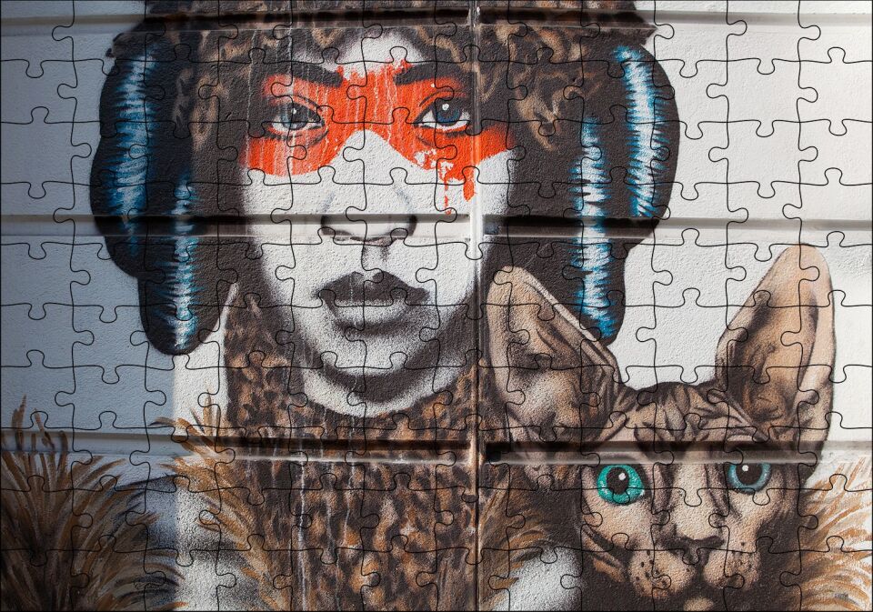 Kadın ve Kedisi Duvar Boyama Puzzle Yapboz MDF Ahşap