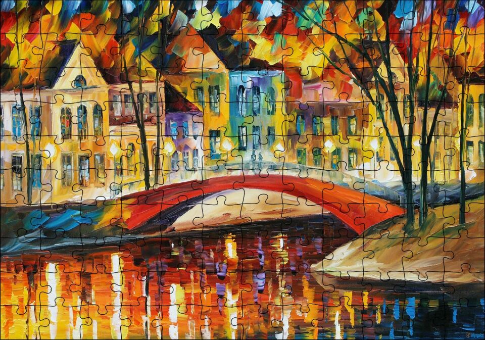 Kanalda Köprü ve Binalar Yağlı Boya Puzzle Yapboz MDF Ahşap 120 Parça 24 cm X 34 cm