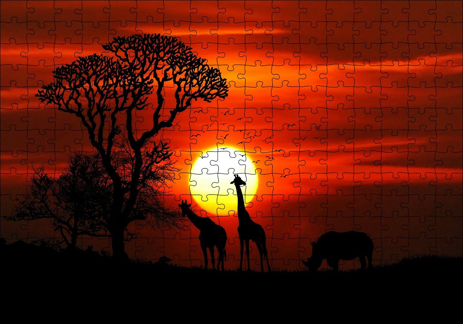Günbatımı Zürafalar ve Gergedan Silüetleri Puzzle Yapboz MDF Ahşap 255 Parça 34 cm X 49 cm