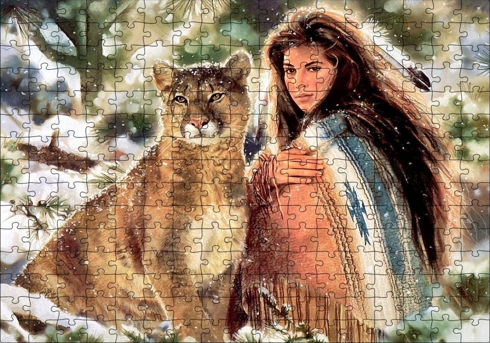 Kızılderili Kız ve Dağ Kedisi Görseli Puzzle Yapboz MDF Ahşap 255 Parça 34 cm X 49 cm