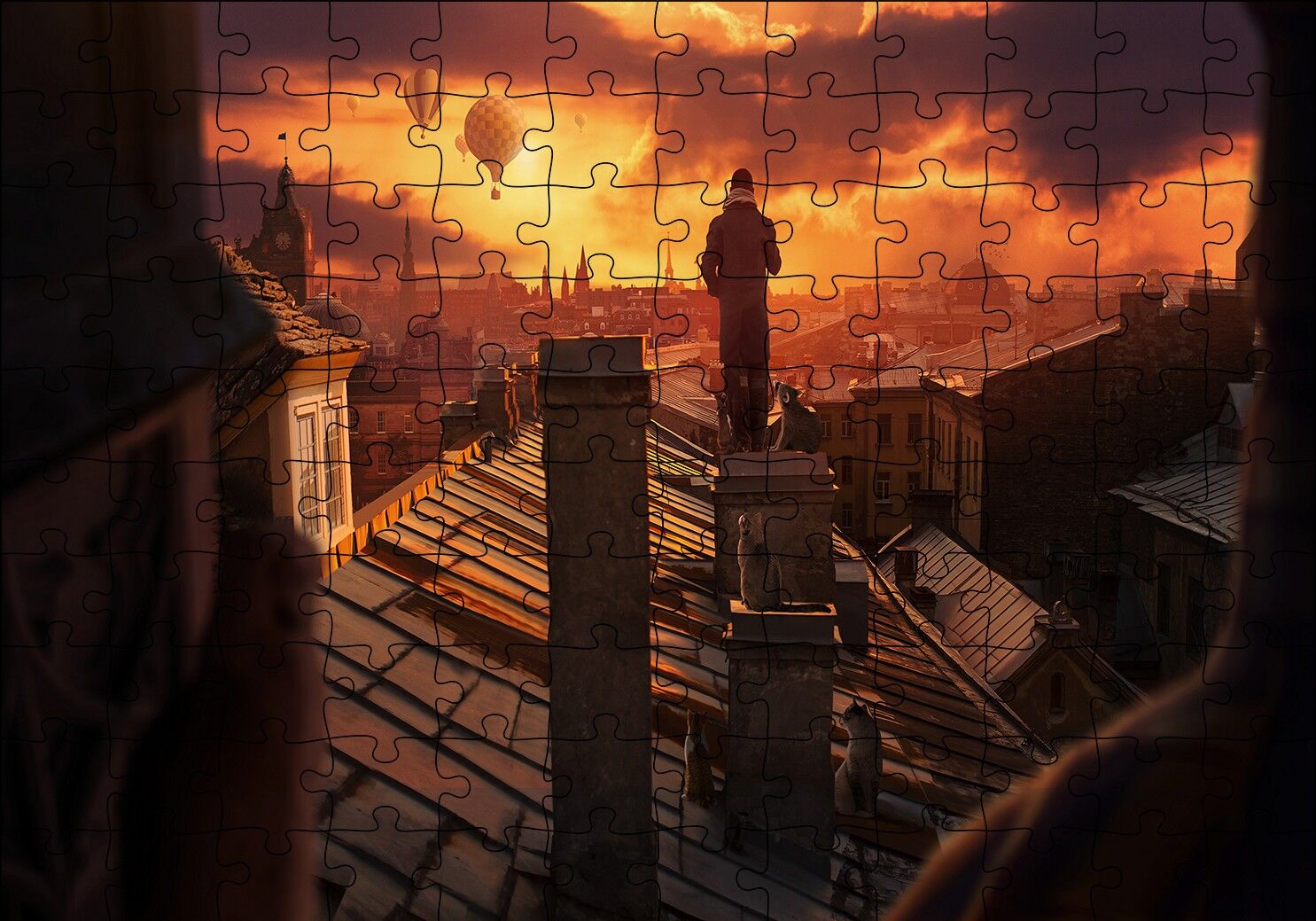 Çatıdan Sıcak Hava Balonları, Günbatımı ve Şehir Manzarası Puzzle Yapboz MDF Ahşap