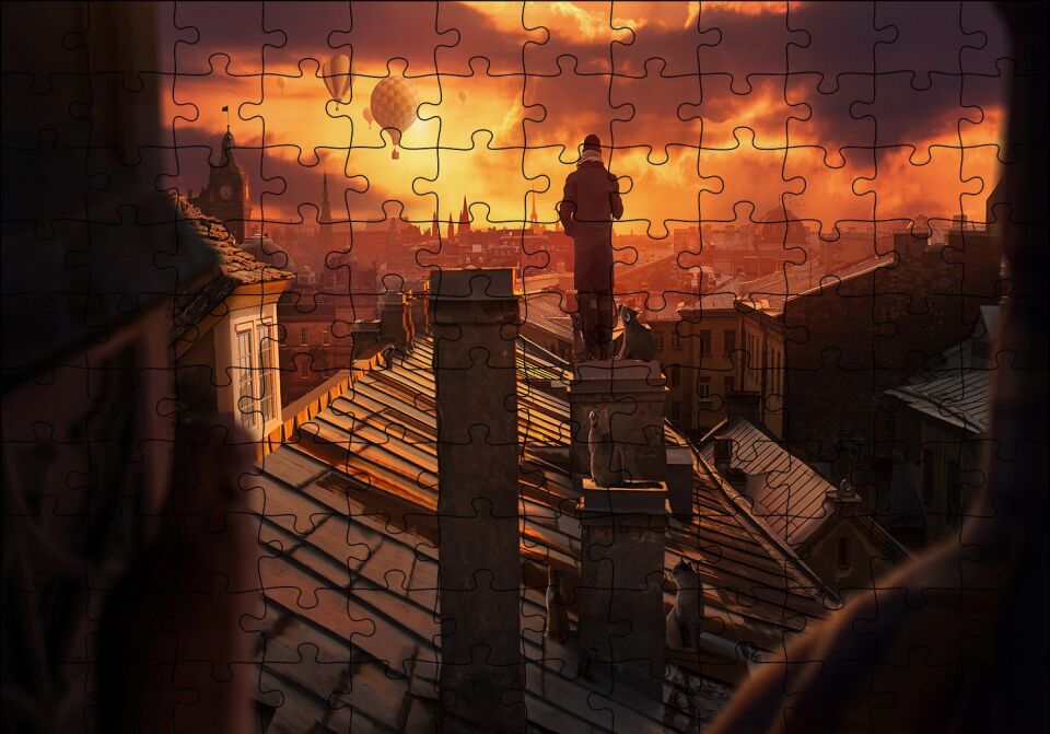 Çatıdan Sıcak Hava Balonları, Günbatımı ve Şehir Manzarası Puzzle Yapboz MDF Ahşap