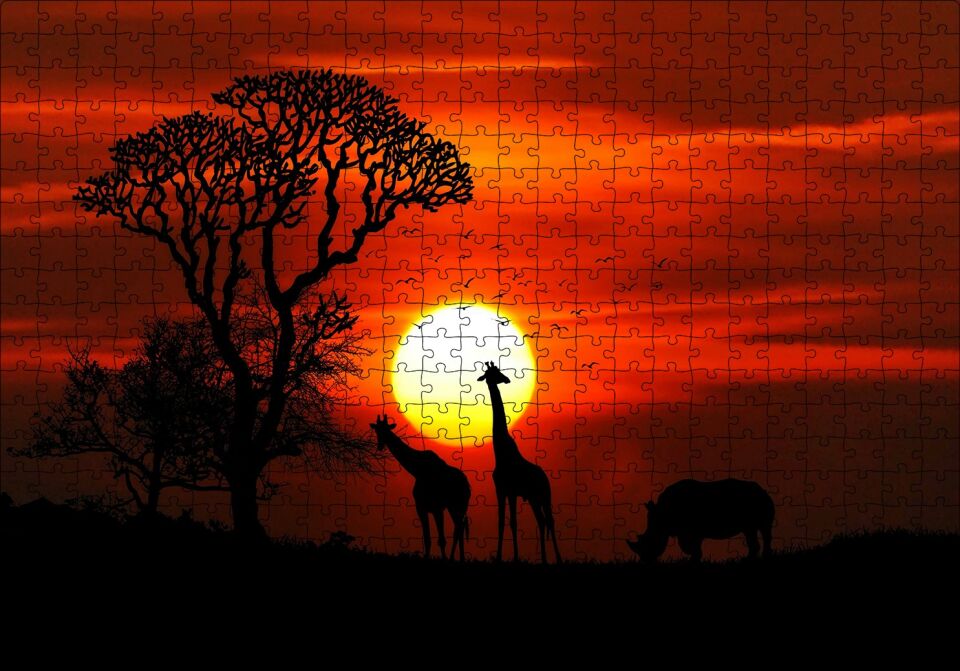 Günbatımı Zürafalar ve Gergedan Silüetleri Puzzle Yapboz MDF Ahşap 500 Parça 49 cm X 68 cm