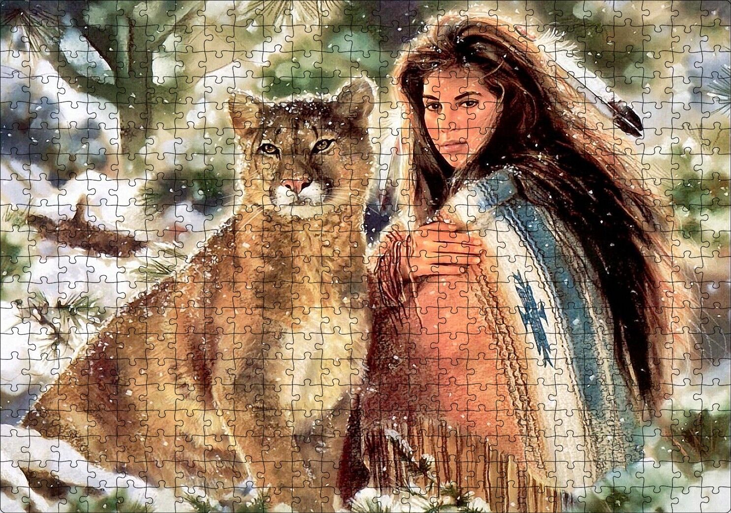 Kızılderili Kız ve Dağ Kedisi Görseli Puzzle Yapboz MDF Ahşap 500 Parça 49 cm X 68 cm