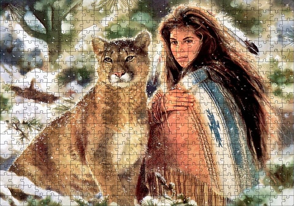 Kızılderili Kız ve Dağ Kedisi Görseli Puzzle Yapboz MDF Ahşap 500 Parça 49 cm X 68 cm
