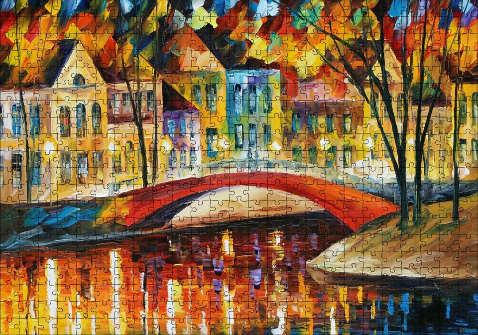 Kanalda Köprü ve Binalar Yağlı Boya Puzzle Yapboz MDF Ahşap 500 Parça 49 cm X 68 cm