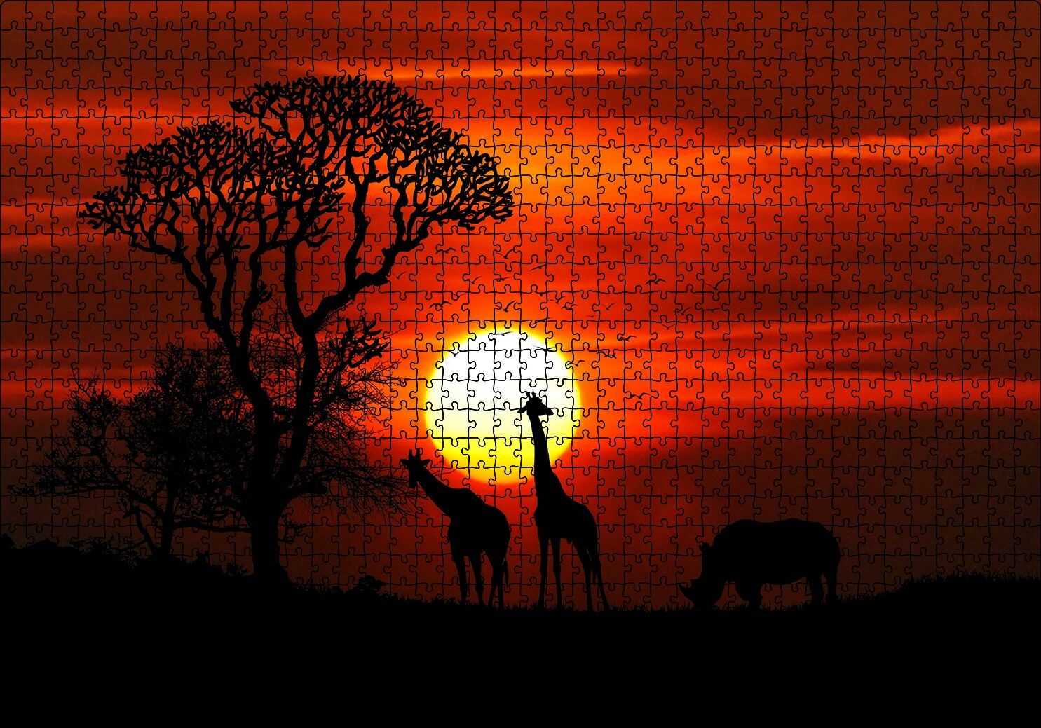 Günbatımı Zürafalar ve Gergedan Silüetleri Puzzle Yapboz MDF Ahşap 1000 Parça 49 cm X 68 cm