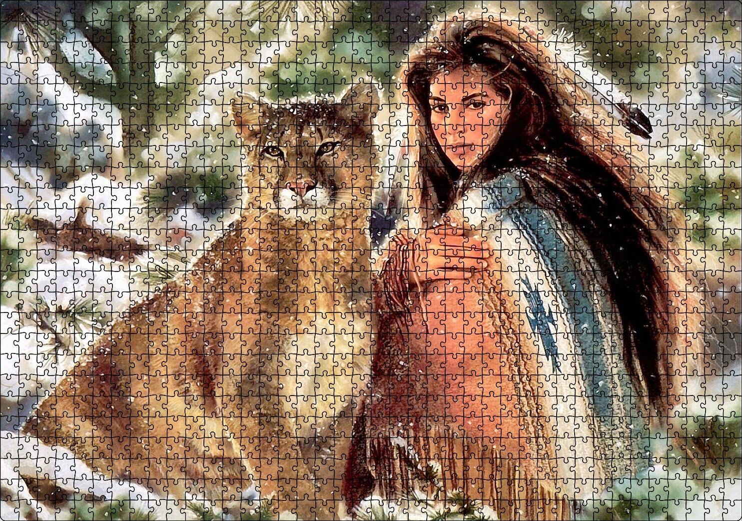 Kızılderili Kız ve Dağ Kedisi Görseli Puzzle Yapboz MDF Ahşap 1000 Parça 49 cm X 68 cm