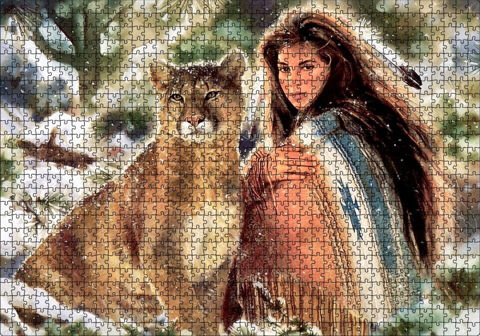 Kızılderili Kız ve Dağ Kedisi Görseli Puzzle Yapboz MDF Ahşap 1000 Parça 49 cm X 68 cm