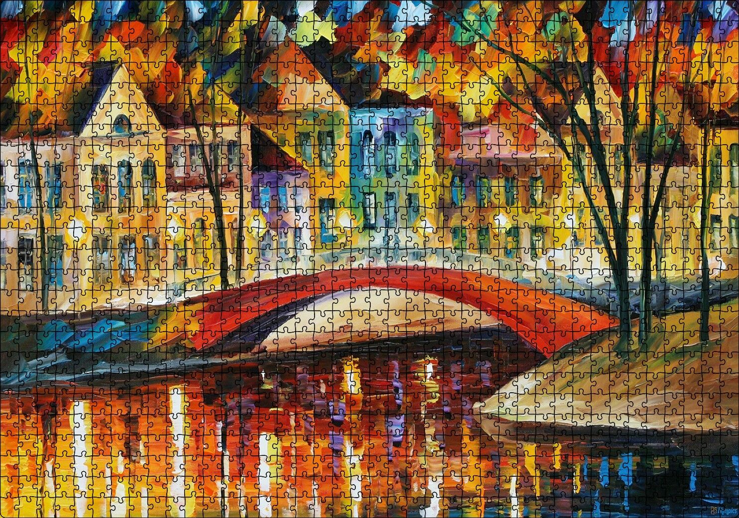 Kanalda Köprü ve Binalar Yağlı Boya Puzzle Yapboz MDF Ahşap 1000 Parça 49 cm X 68 cm