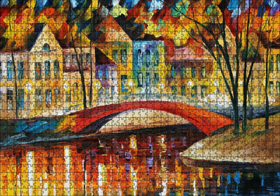 Kanalda Köprü ve Binalar Yağlı Boya Puzzle Yapboz MDF Ahşap 1000 Parça 49 cm X 68 cm