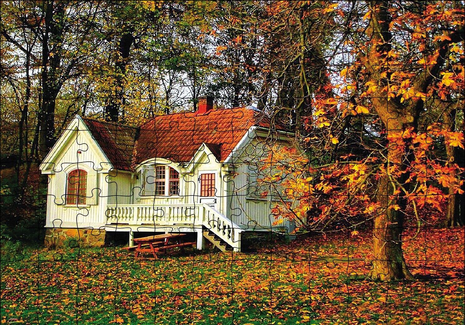 Sonbaharda Beyaz Ev Puzzle Yapboz MDF Ahşap 120 Parça 24 cm X 34 cm