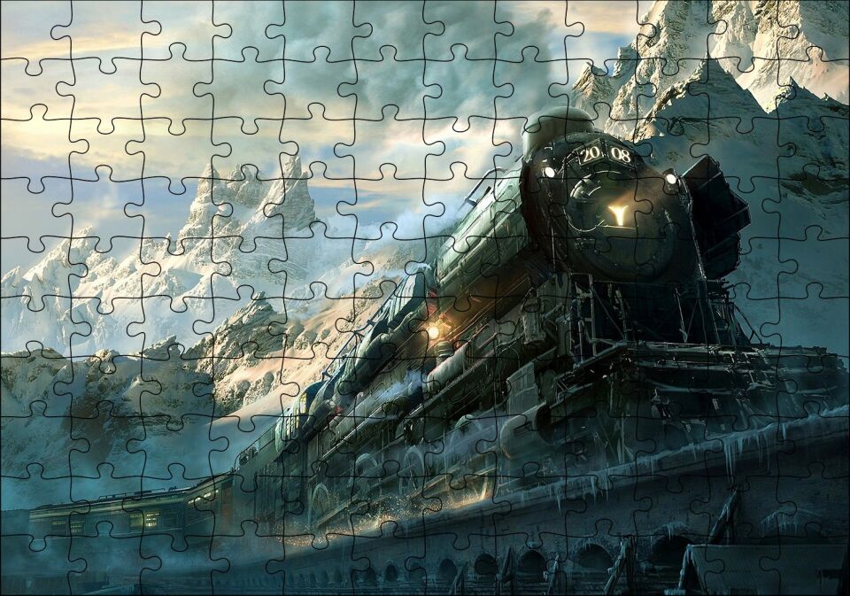Karlı Dağlar Arasında Yol Alan Buharlı Tren Puzzle Yapboz MDF Ahşap