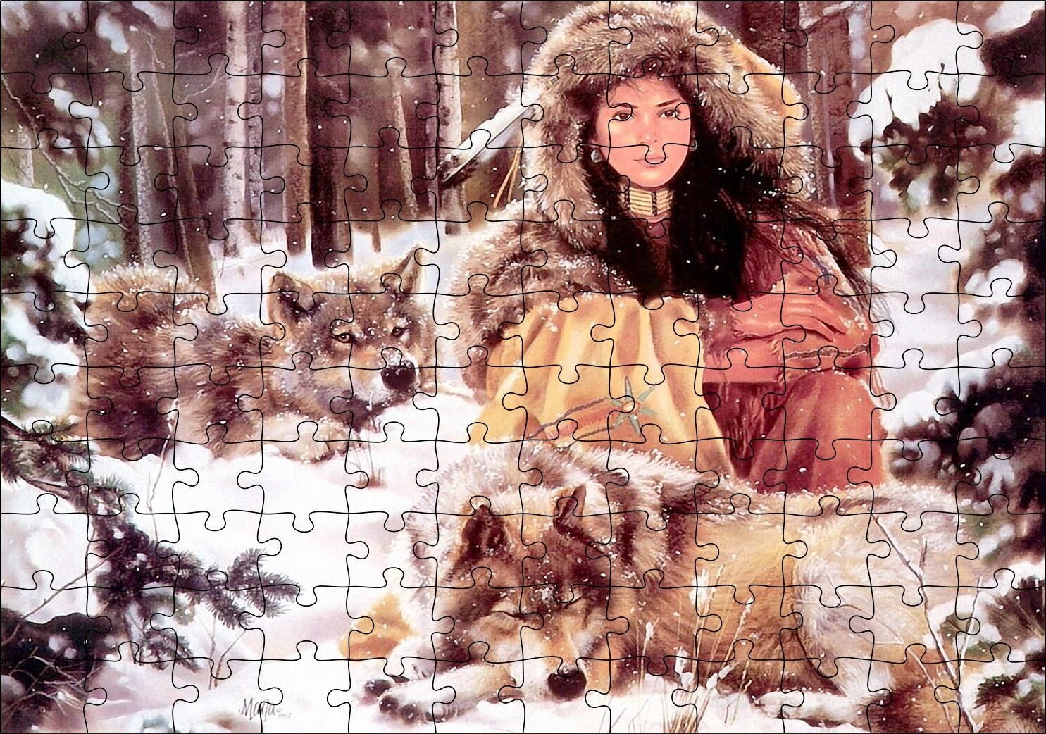 Kızılderili Kız Ve Karlar İçinde Kurtlar Görseli Puzzle Yapboz MDF Ahşap 120 Parça 24 cm X 34 cm