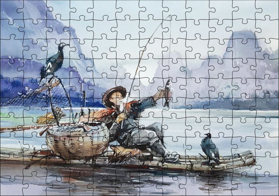 Uzakdoğulu Balıkçı ve Karabataklar Puzzle Yapboz MDF Ahşap 120 Parça 24 cm X 34 cm