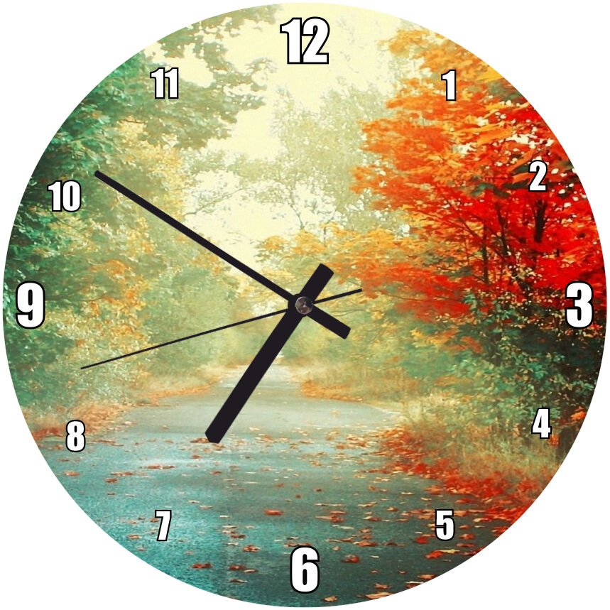 Orman Yolu Sonbahar Sararan Yapraklar Mdf Ahşap Duvar Saati