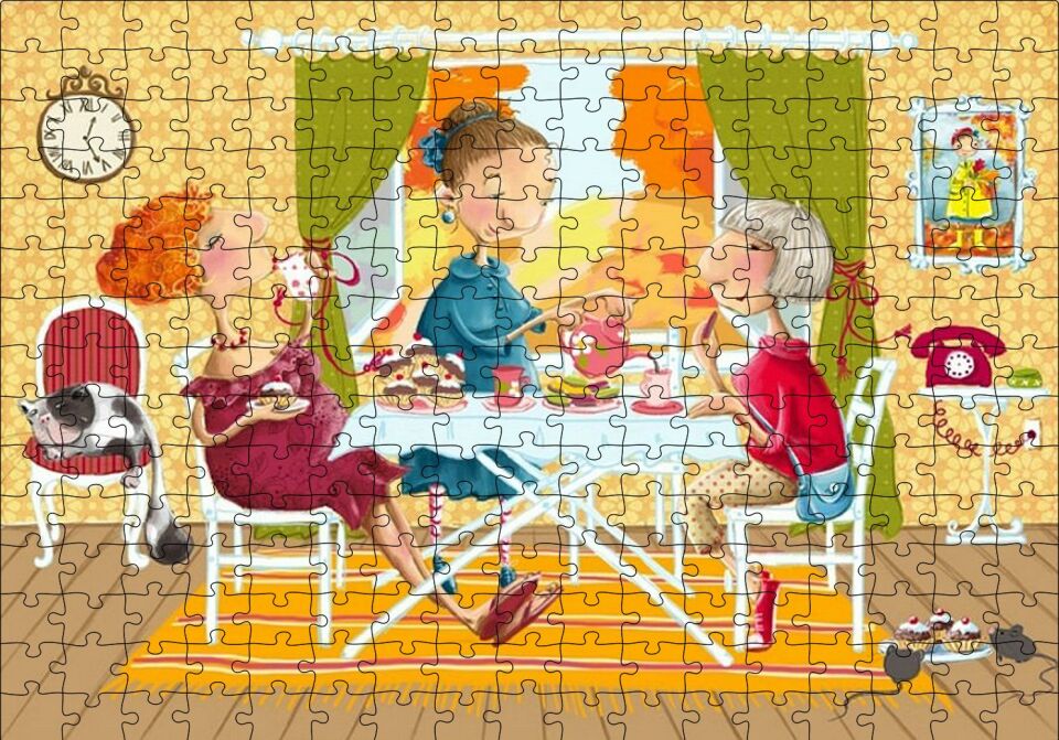 Kızlar Çay Keyfinde Puzzle Yapboz MDF Ahşap 255 Parça 34 cm X 49 cm