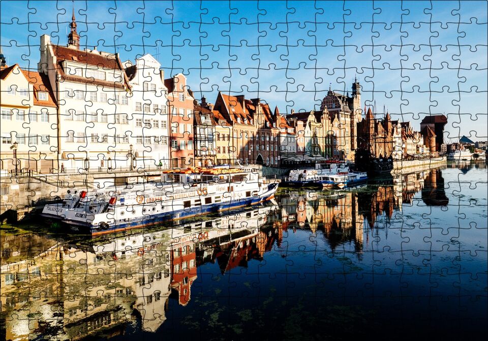 Kanalda Tekneler ve Güneşli Tarihi Binalar Puzzle Yapboz MDF Ahşap 255 Parça 34 cm X 49 cm